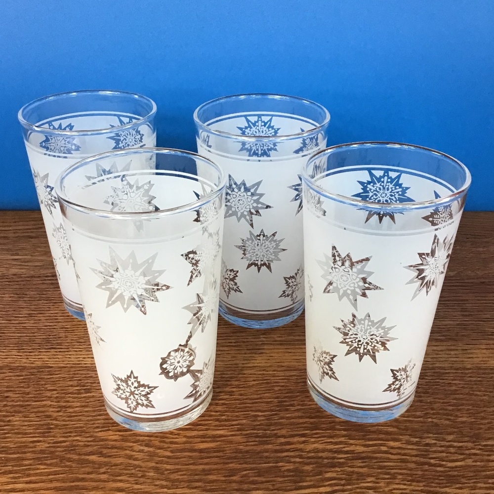 Vintage Federal Glass Frosted Atomic Snowflake Tumblers Set of 4 EUC